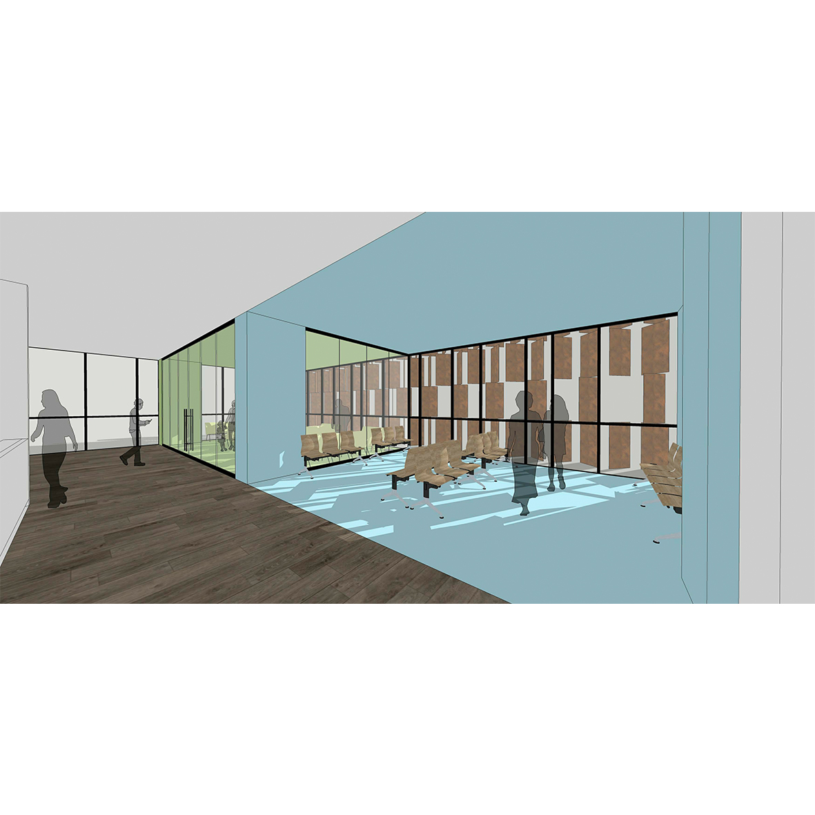 Sala de espera azul, imagen ilustrativa tridimensional etapa de proyecto. (Izquierda)