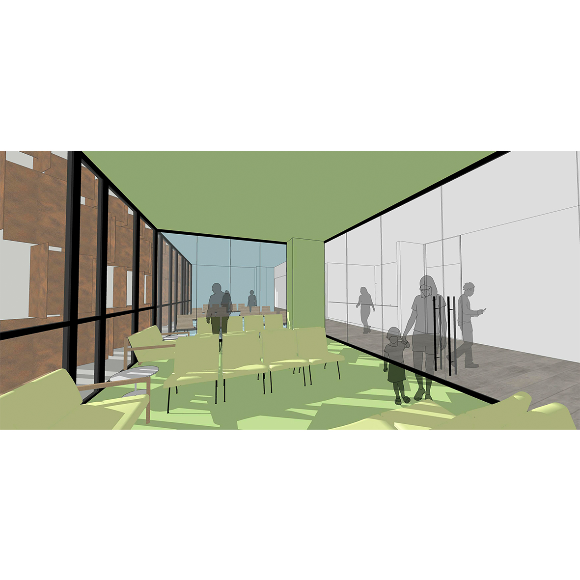 Sala de espera verde, imagen ilustrativa tridimensional etapa de proyecto. (Derecha)