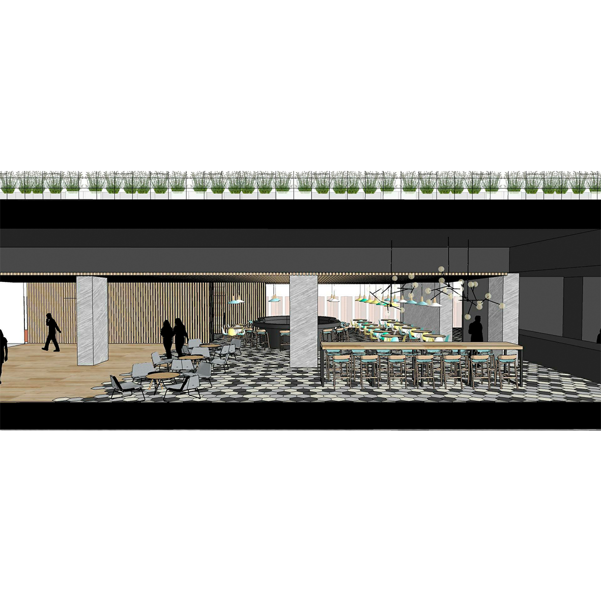 Cafetería, imagen ilustrativa tridimensional etapa de proyecto. (Izquierda)