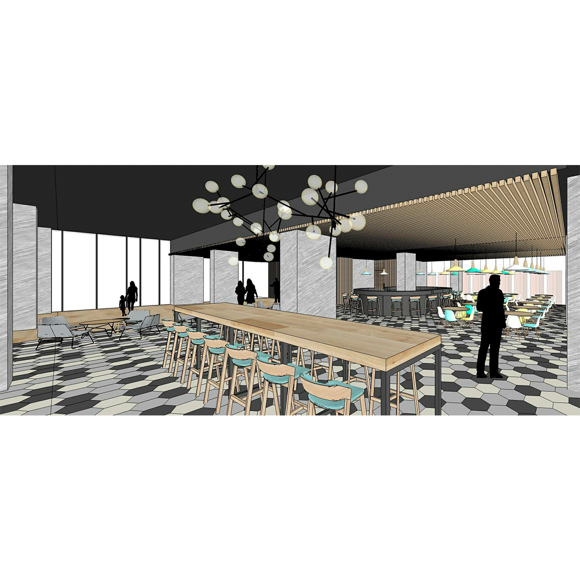 Cafetería, imagen ilustrativa tridimensional etapa de proyecto. (Derecha)