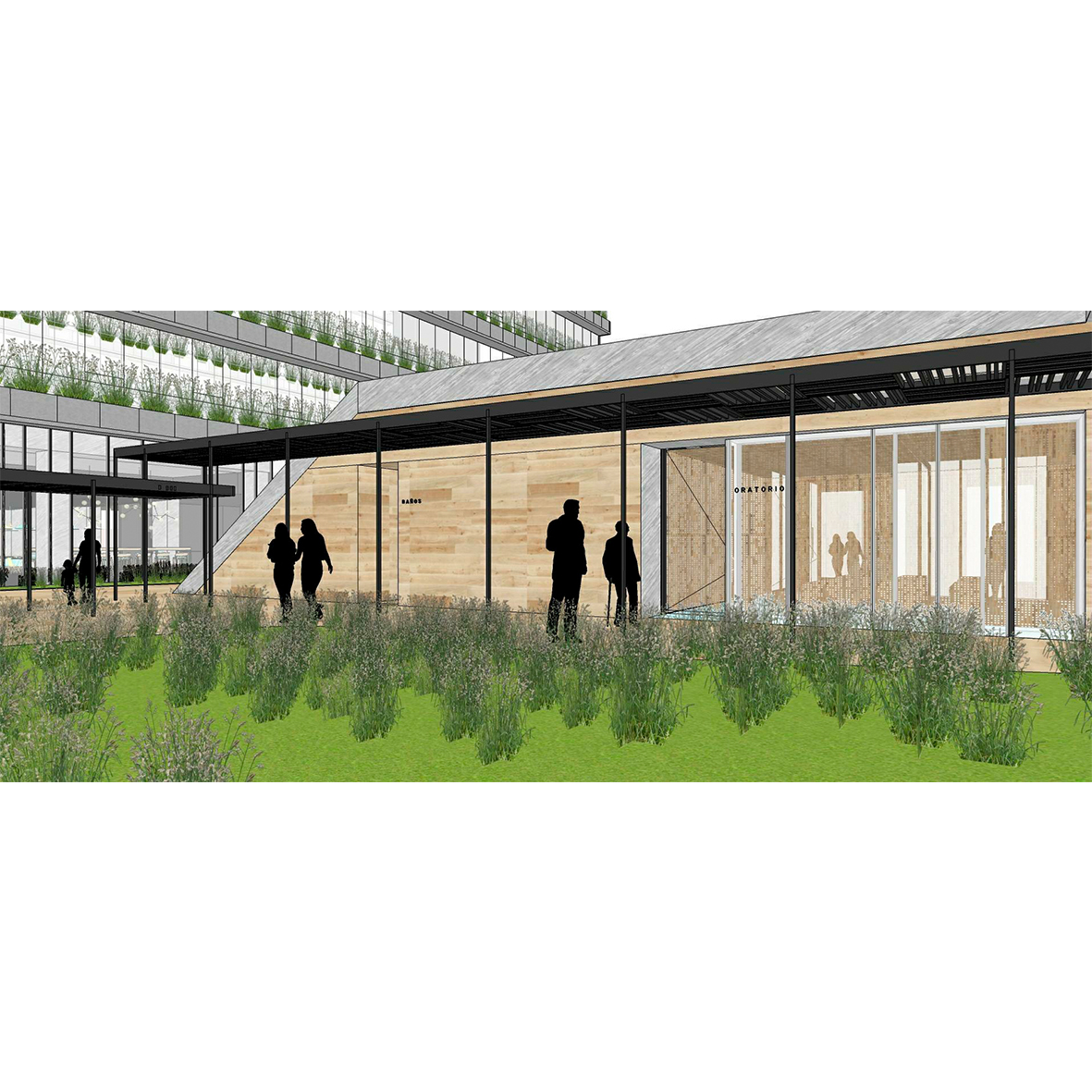 Oratorio y Pérgola, imagen ilustrativa tridimensional etapa de proyecto. (Derecha)