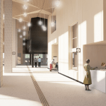 Perspectiva del hall de acceso y recepción