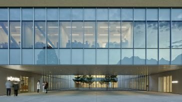 Desde el amplio acceso se define la propuesta del Hospital Riviera-Chablais (© Groupe-6+GD architects/ Foto: T. Jantscher)