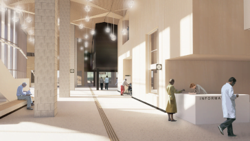 Perspectiva del hall de acceso y recepción