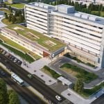 Vista aérea del Hospital Privado de Tucumán, proyectado en el estudio AFS Arquitectos