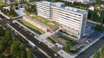 Vista aérea del Hospital Privado de Tucumán, proyectado en el estudio AFS Arquitectos