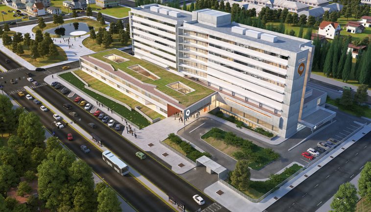 Vista aérea del Hospital Privado de Tucumán, proyectado en el estudio AFS Arquitectos