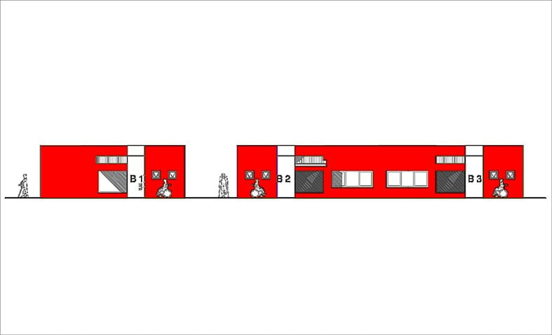 Geriátrico 14, fachada longitudinal de la tira de viviendas