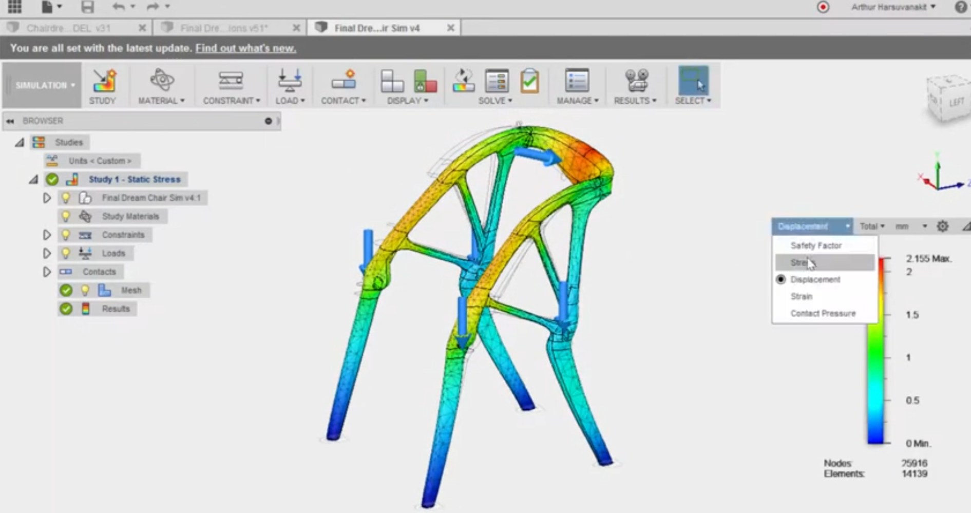 Proceso de diseño de la silla con la plataforma Dreamcatcher de Autodesk. 
