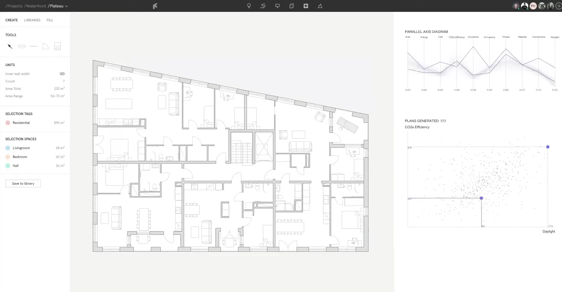 Finch3D. A la derecha se ven las 572 opciones de planta generadas en segundos buscando tener el proyecto con menor emisión de Co2.