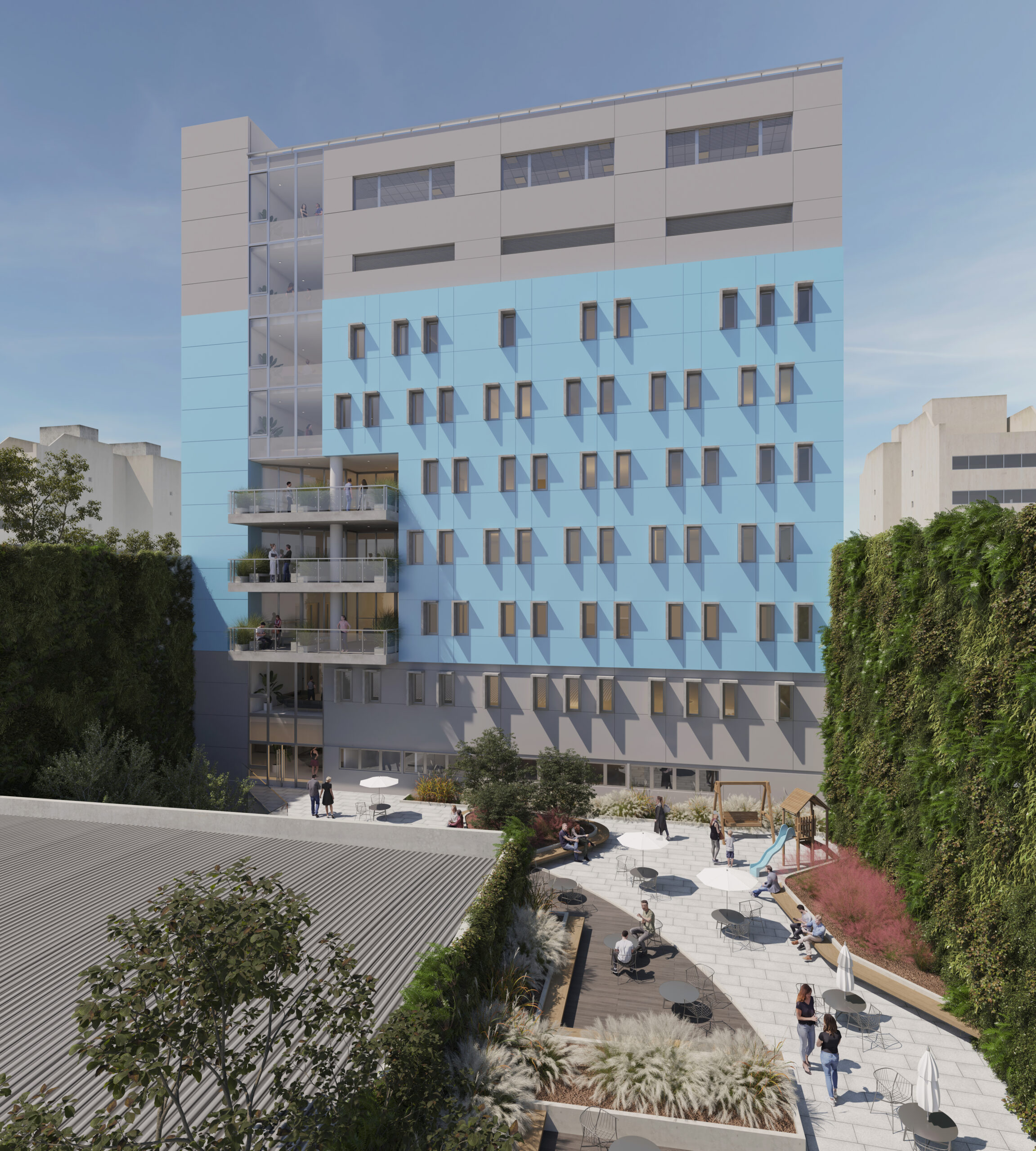 En un entorno urbano de alta densidad se diseñó el espacio exterior como un lugar de expansión para pacientes ambulatorios y visitas, y para visuales en espacios de de espera y habitaciones de internación.