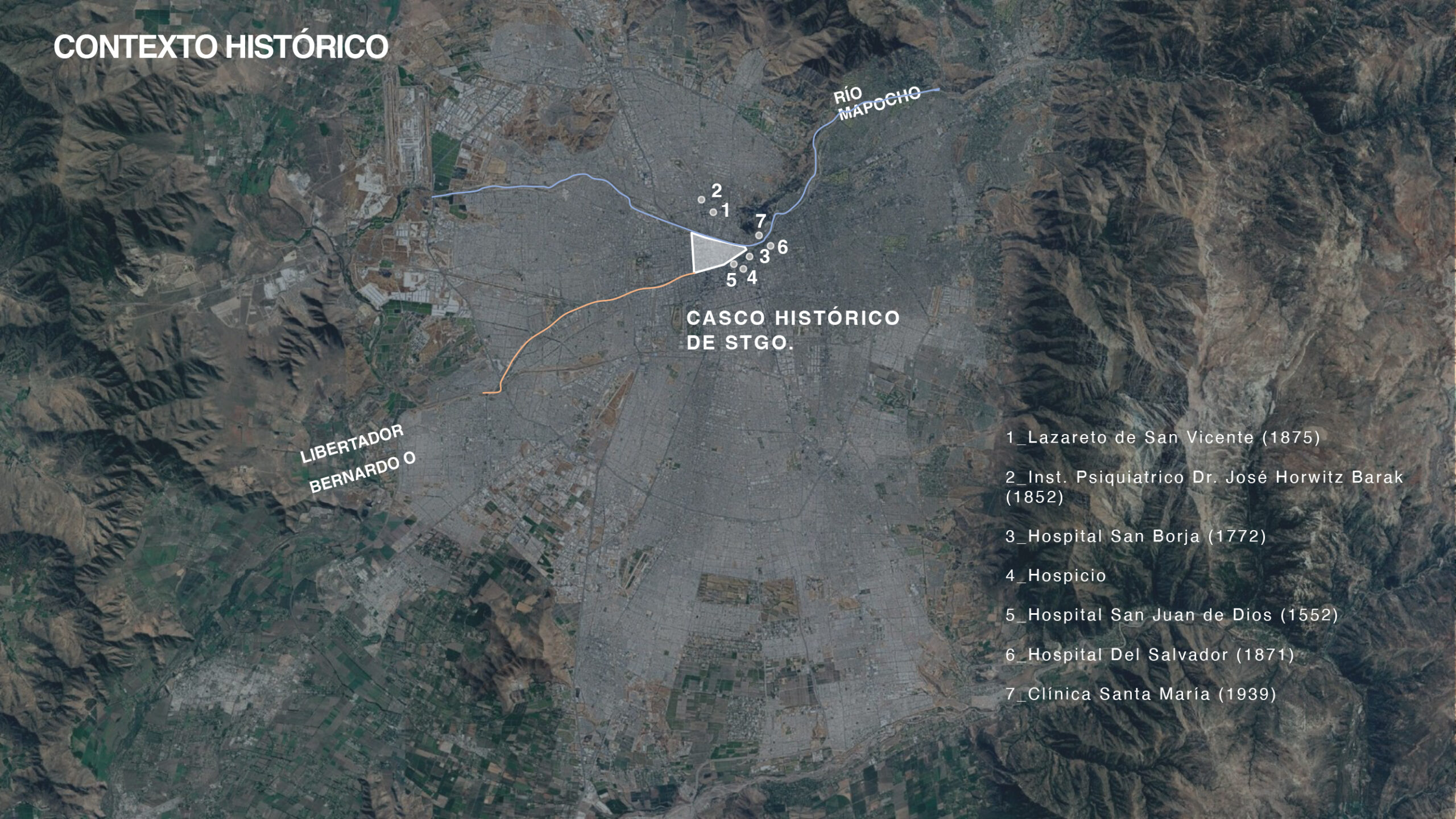 Ubicación de los primeros establecimientos de salud en Santiago, Chile
