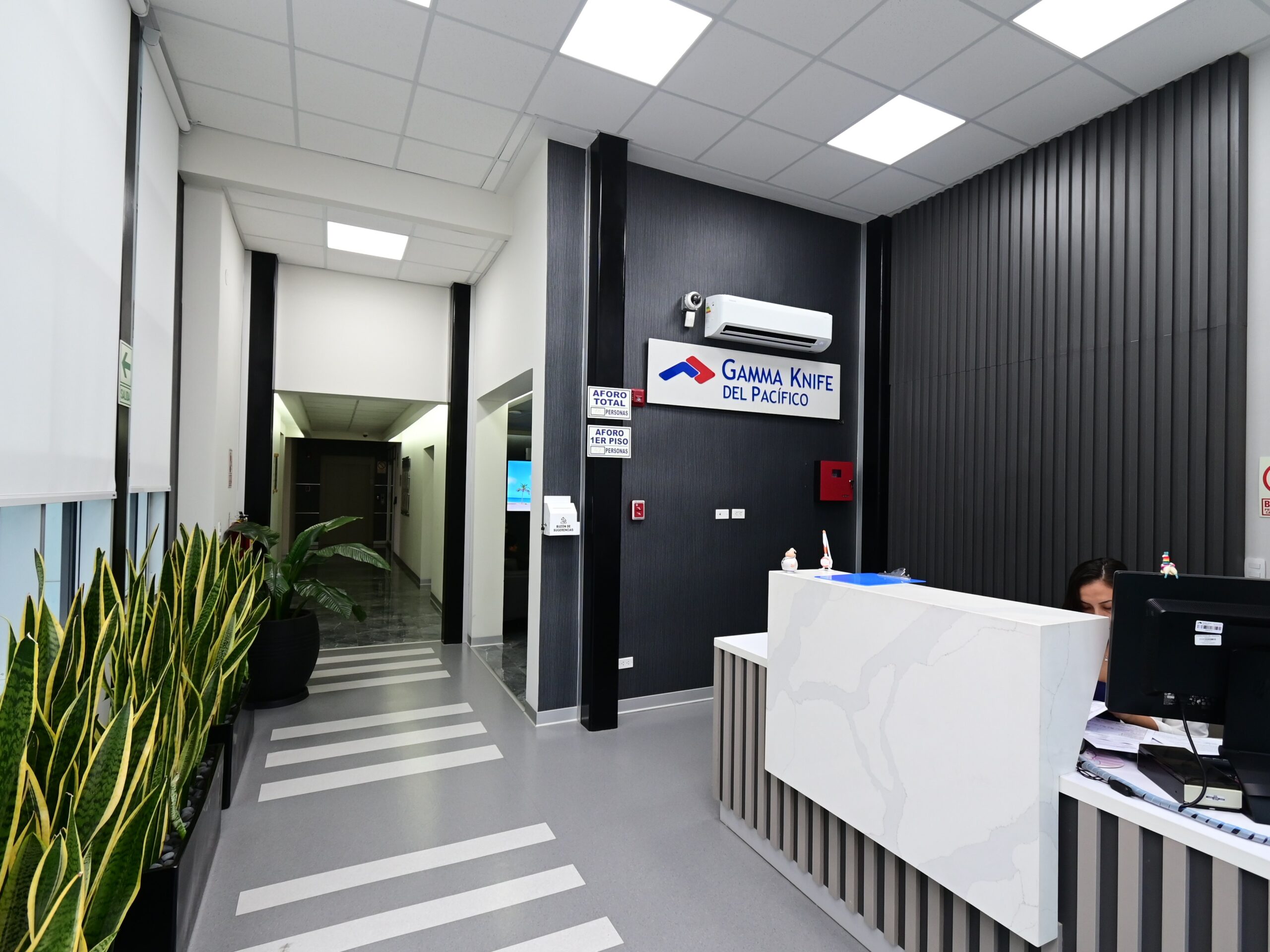 Recepción y corredor principal del primer piso. El mostrador de atención articula el control de acceso al circuito asistencial; al fondo, el corredor conduce hacia las áreas de preparación del paciente y sala de tratamiento. |