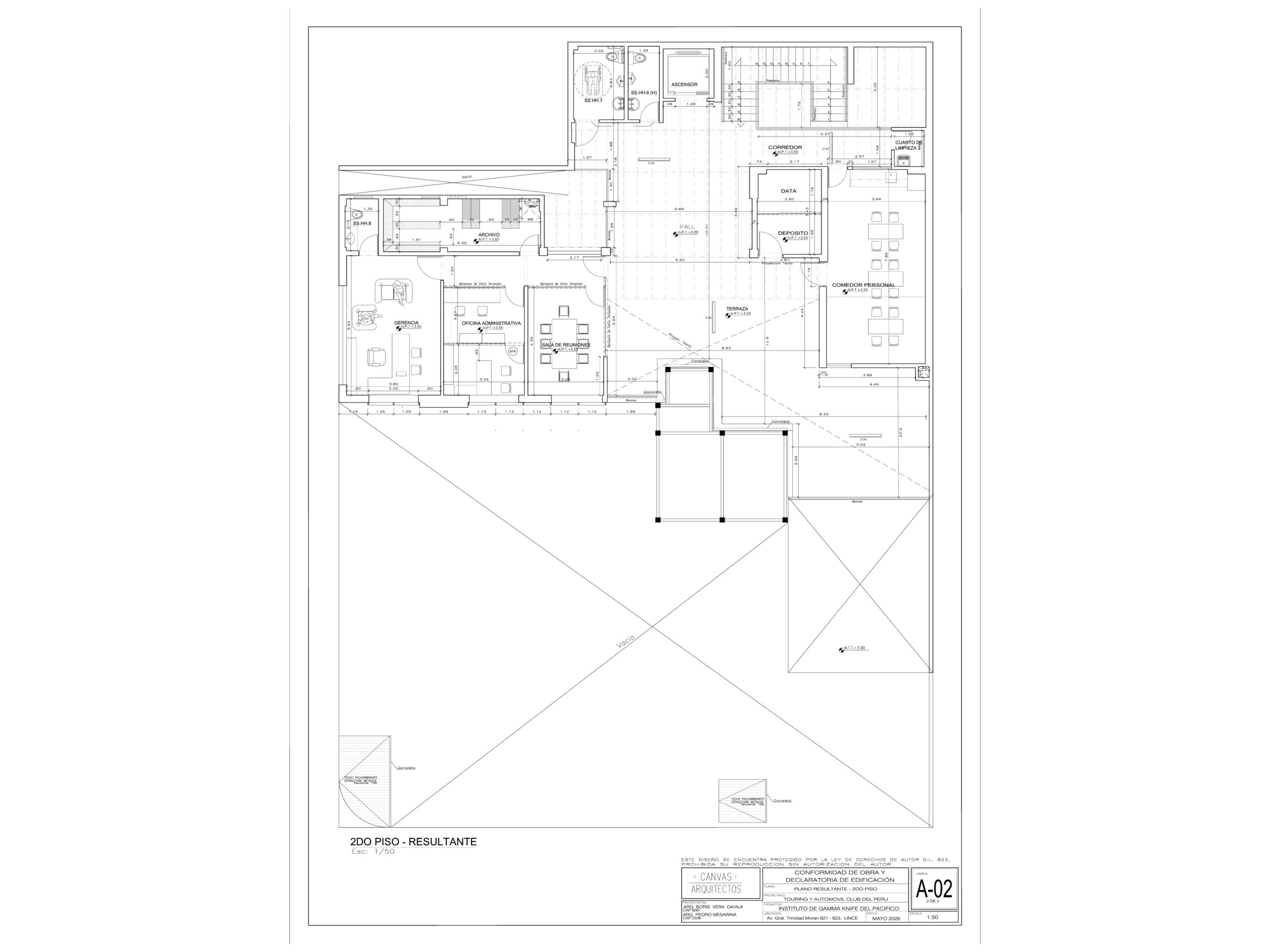 Planta resultante del segundo piso, escala 1:50. El nivel administrativo concentra gerencia, oficina administrativa, sala de reuniones, data, comedor de personal, depósito y terraza.