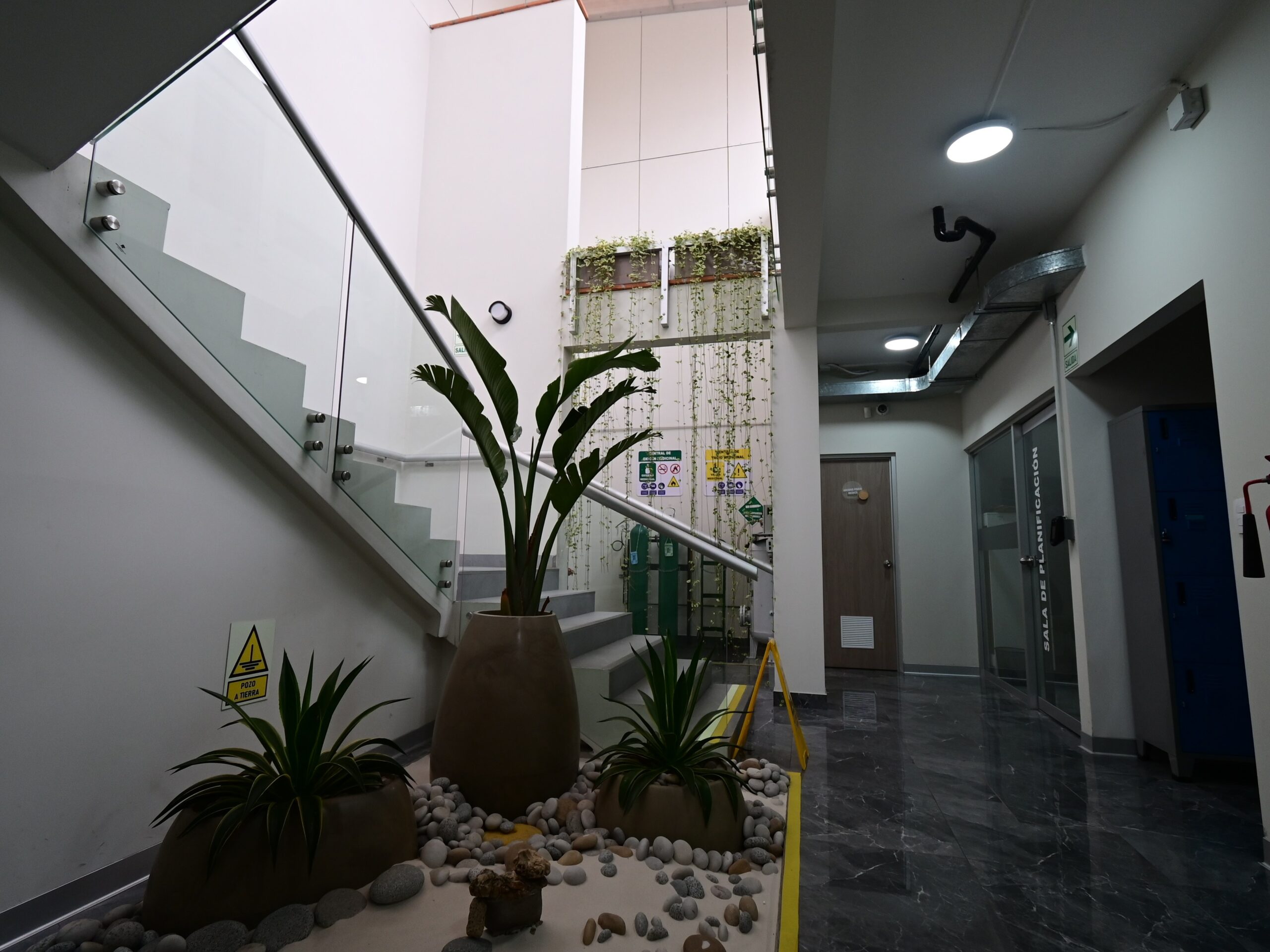 Corredor privado de distribución hacia la zona técnica y administrativa. El jardín interior con muro verde vertical articula la transición entre el área asistencial del primer piso y el núcleo técnico que concentra la sala de planificación, vestidores médicos y escalera hacia las oficinas y sala de reuniones del segundo piso.