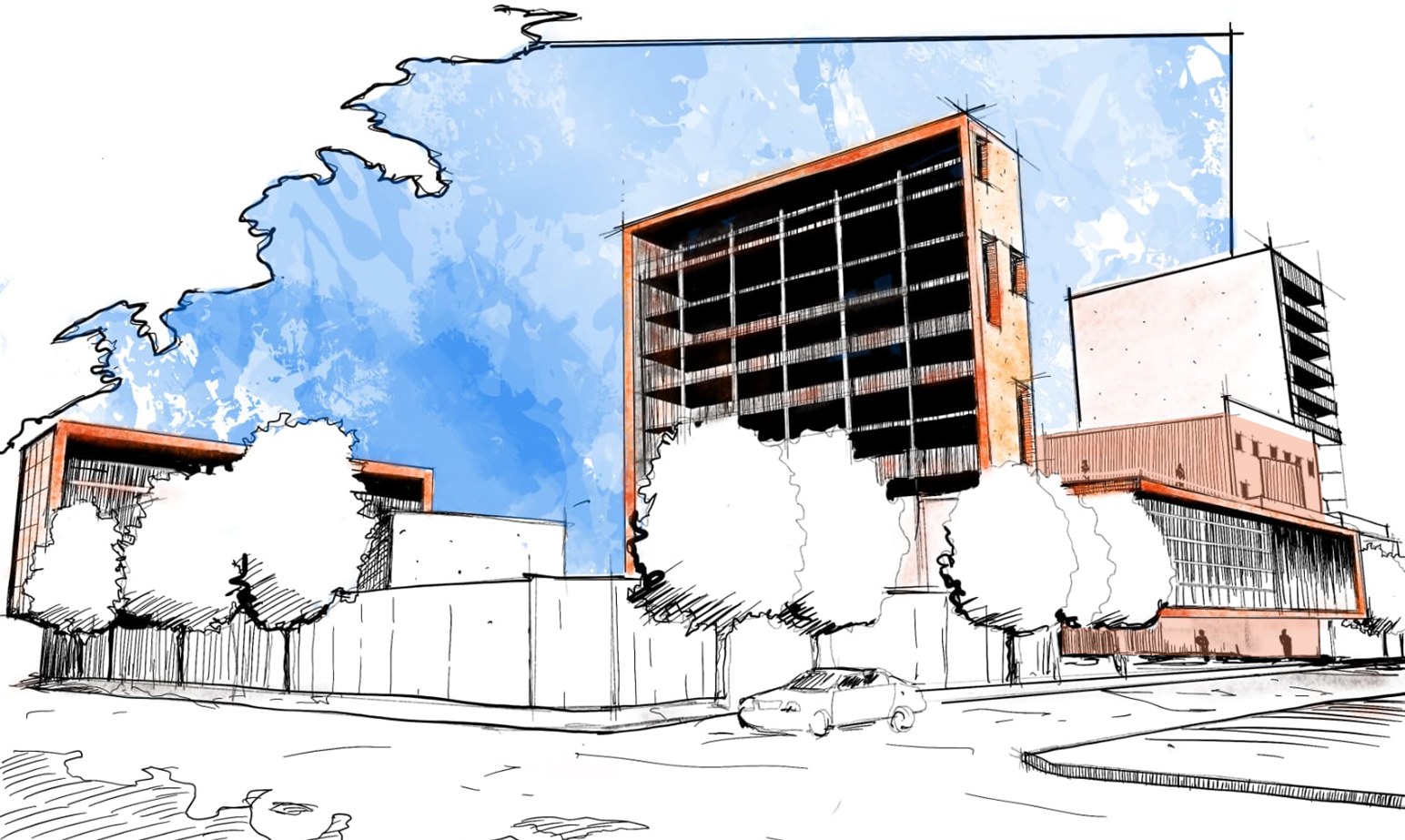 Croquis de ideación volumétrica del complejo (Masterplan)